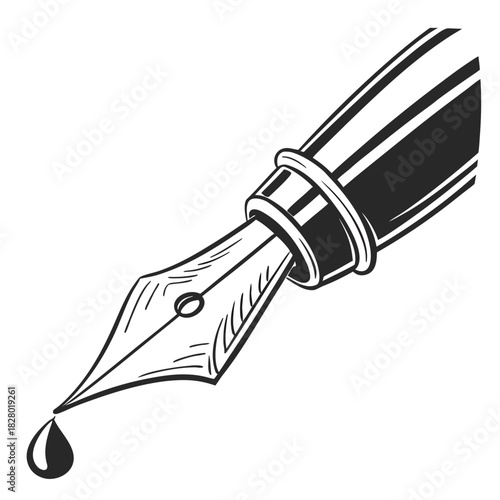 Close up of a classic black and white fountain pen nib with a drop of ink falling from its tip symbolizing writing and creativity