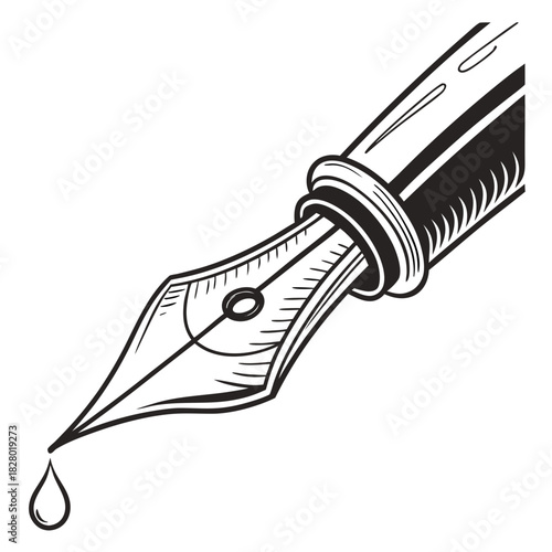 A classic black and white illustration of a fountain pen nib with a single drop of ink falling from its tip