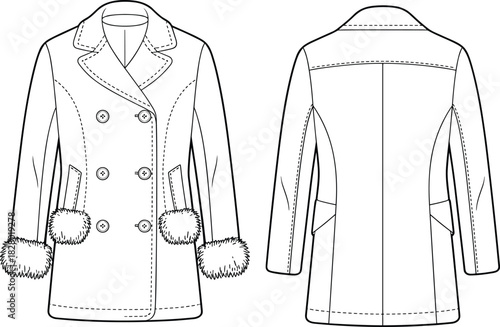 Double Breasted Fur Trimmed Coat Fashion Design Flat Sketch Front and Back Views clothing apparel
