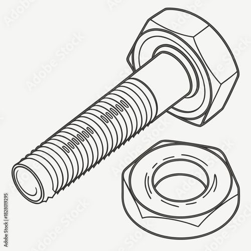 A detailed line drawing illustration of a hexagonal bolt and nut assembly showcasing the threaded shaft and hexagonal head for mechanical fastening applications