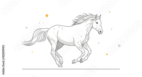 An elegant and detailed black and white line art illustration of a beautiful horse running freely across a minimal landscape.