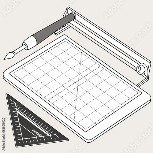 A graphic illustration depicts a cutting mat with grid lines a ruler and a craft knife tools essential for precise crafting and design projects