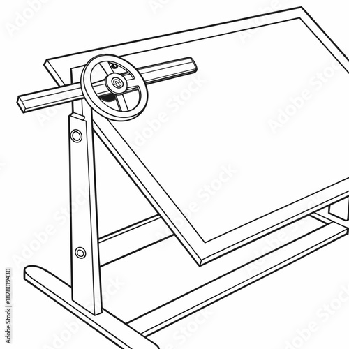 A detailed black and white line art illustration of an adjustable drafting table with a large drawing surface and a wheel mechanism for angle adjustment
