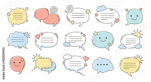 A charming set of cute hand-drawn speech bubbles in pastel colors with lines for text and decorated with whimsical elements.