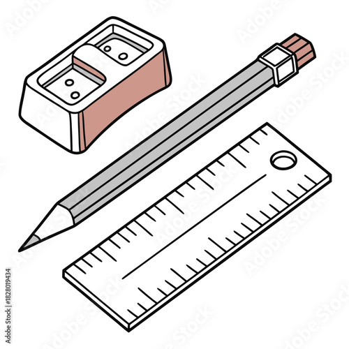 A simple isometric illustration of a pencil a metal ruler with measurement markings and a pink and white pencil sharpener on a white background
