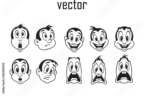 Collection of vintage cartoon character faces expressing a wide range of emotions like joy surprise fear and anger ideal for retro design projects and illustrations