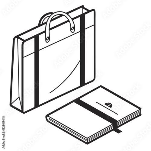 A simple black and white line art illustration of a portfolio bag and a closed notebook with a strap and closure presented in an isometric perspective against a white background