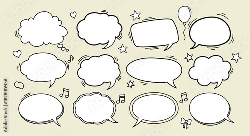 Collection of hand-drawn doodle speech bubbles with cute elements like stars hearts and musical notes on a beige background.