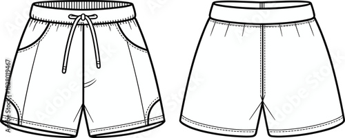 Fashion Flat Sketch of Casual Shorts Front and Back Views with Drawstring Waist illustration clothing