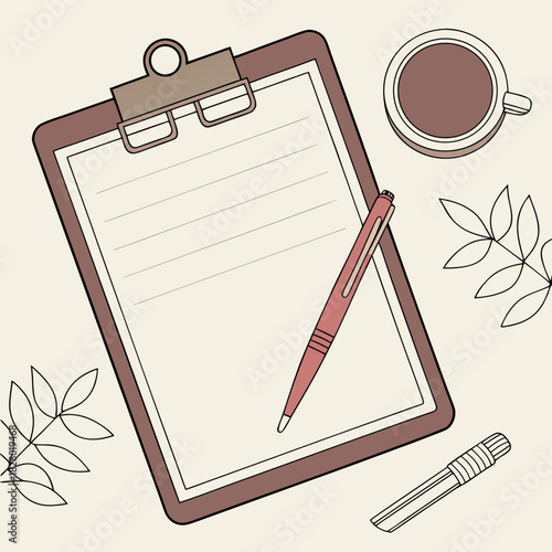 A top down view of a clipboard with lined paper and a red pen a cup of coffee and decorative leaves on a light beige background perfect for notes and planning