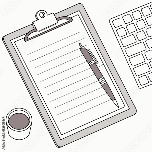 A top down view of a clipboard with a pen and lined paper next to a keyboard and a small cup of coffee on a white background representing a workspace