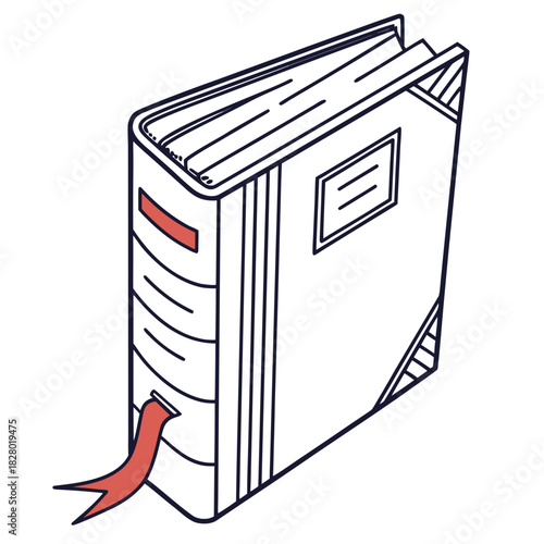 A simple line drawing of an open book with a red ribbon bookmark protruding from the bottom and a red stripe on the spine isolated on a white background