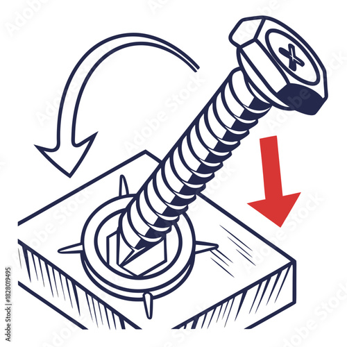 Illustration of a screw being tightened into a surface with directional arrows indicating clockwise rotation and downward motion for secure fastening