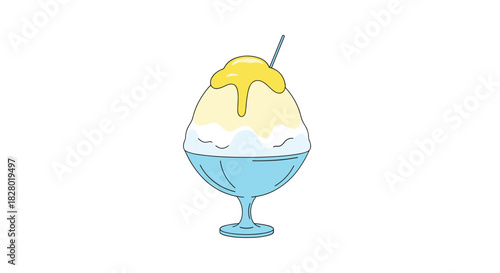 Simple and refreshing illustration of Japanese shaved ice kakigori with lemon syrup in a blue glass bowl on white background.