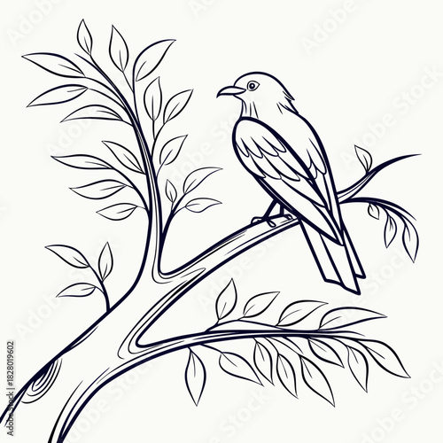A stylized line art illustration of a solitary bird perched gracefully on a tree branch adorned with delicate leaves rendered in a simple yet elegant black and white design