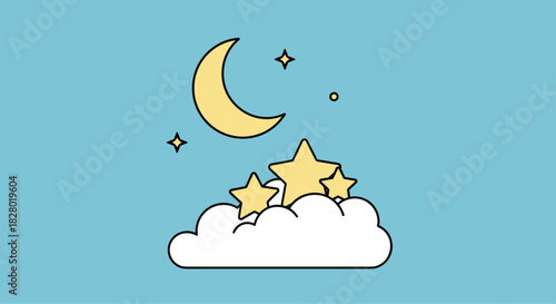 Minimalist night sky illustration featuring a yellow crescent moon stars and a fluffy white cloud against a solid light blue background.