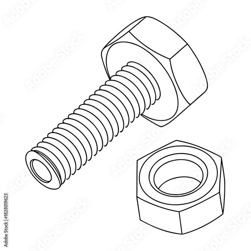 A simple black and white line drawing illustration of a hexagonal bolt with a nut already attached and a separate hexagonal nut shown below on a white background presented in an isometric perspective