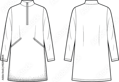 Front and back flat sketch of a long sleeve zip neck tunic with pocket details fashion illustration garment