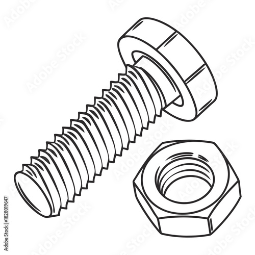 A simple line art illustration of a hexagonal bolt with a washer and a hexagonal nut isolated on a white background