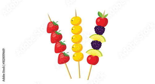 Three colorful and delicious fruit skewers featuring fresh strawberries yellow melons and a mix of apple blackberry and lime slices.