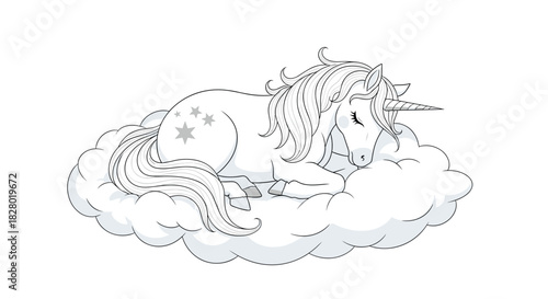 A beautiful black and white line art illustration of a graceful unicorn sleeping peacefully on a soft cloud for a coloring book page.