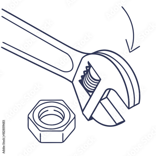 Adjustable wrench and hexagonal nut depicted in a simple line art illustration with a curved arrow indicating a tightening motion