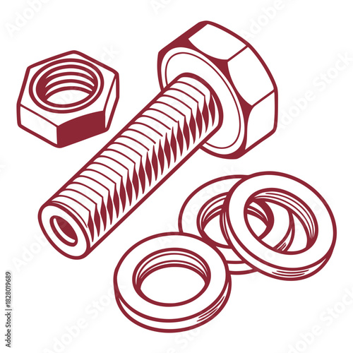 A detailed illustration of a single hex bolt with a matching hex nut and three flat washers all rendered in a clean minimalist red outline style on a white background