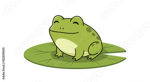 A charming and happy green frog with a gentle smile sitting peacefully on a large green lily pad in a simple cartoon illustration.