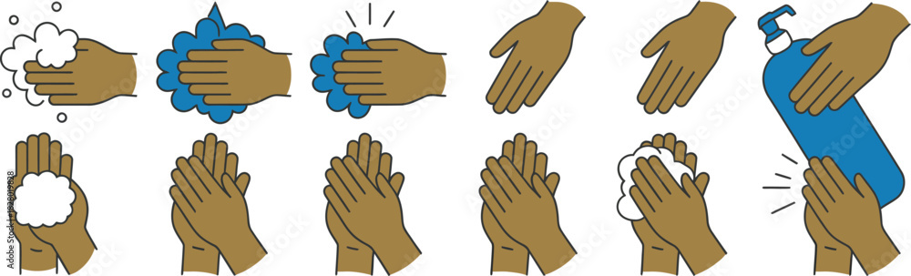 Obraz premium Hand Washing Steps Hygiene Instruction Clean Hands Icons