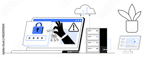 Hacking hand stealing keys from a secure laptop, alert signs, data servers, cloud, password fields. Ideal for cybercrime, security breach, data protection, cloud theft IT risk identity theft