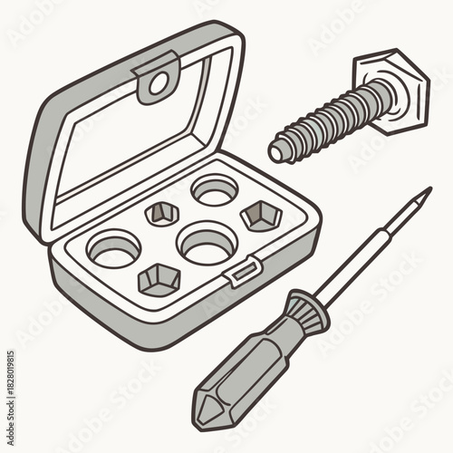 A set of hexagonal socket bits and a screwdriver with a hexagonal bolt are neatly arranged in a gray storage case with a light background