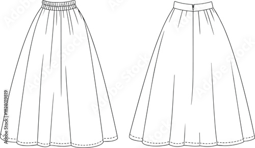 Front and back technical drawing of a flared skirt with gathered waist and stitched hem midi skirt fashion design