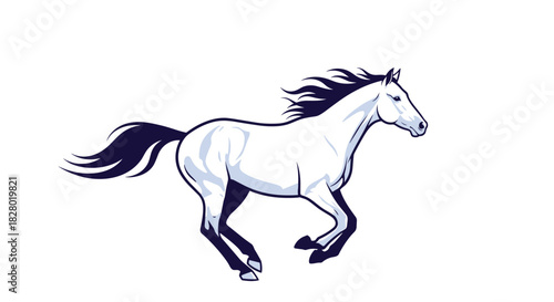 A powerful and dynamic mascot-style illustration of a white horse with a dark mane and tail running at full gallop on white.