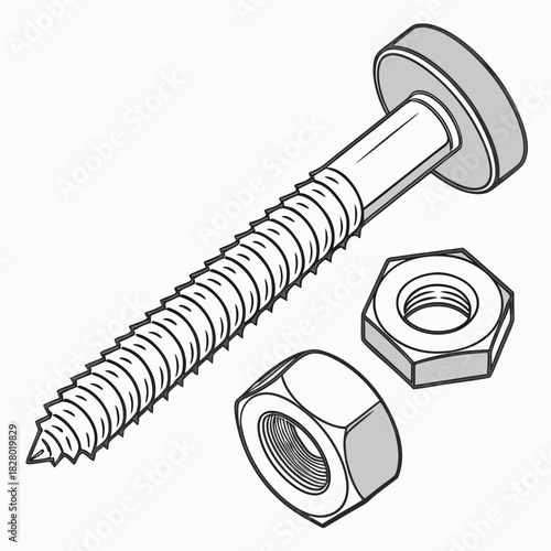 A detailed isometric illustration of a wood screw with a flat head and two hexagonal nuts isolated on a white background representing hardware and fasteners