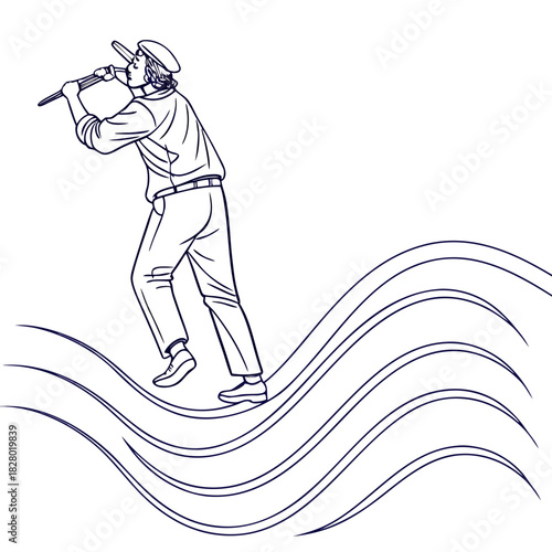 A lone musician wearing a cap and casual clothing plays a flute while standing on stylized wavy lines representing water or sound waves