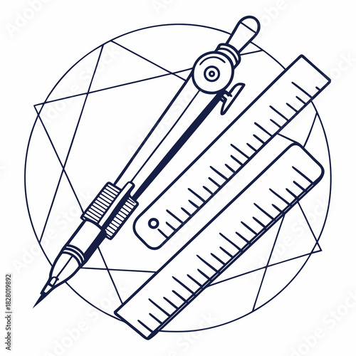 Geometric design tools including a compass and rulers are arranged on a blueprint with intersecting lines and a circle representing precision and accuracy in drafting and architecture