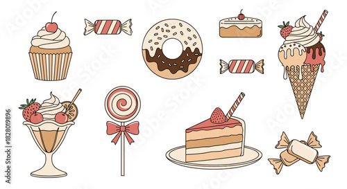 A delicious collection of sweet desserts and candy in a vintage color palette including cake ice cream donuts and a lollipop.