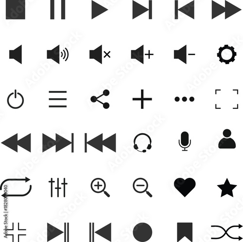 Music Player Icon Set. Media Playback and Audio Control Symbols. Play, Pause, Volume, and Skip Toggle Icons collection. Digital Entertainment and Audio App Control Symbol Collection