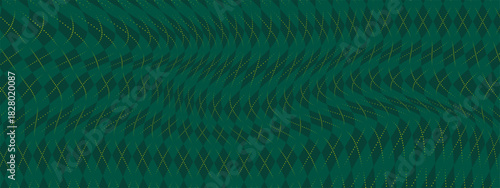 Dark Green Argyle Vector Pattern. Christmas Background. Golf Textile Print. Emerald Diamonds with Gold Accent Lines.