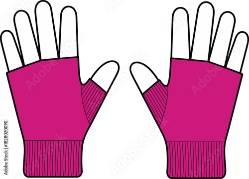 Pair of bright pink fingerless gloves with ribbed cuffs on white background mittens handwear