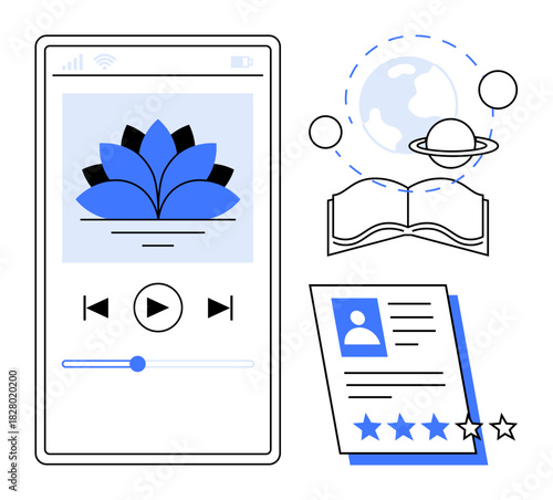 Smartphone interface with media player, open book with planets, user profile, and rating card. Ideal for education, e-learning, mobile apps, ratings technology user feedback and multimedia. A