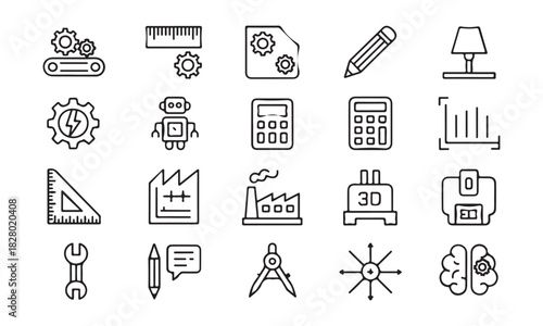 Black and white icons depict industrial, engineering, and technological objects, all showcased on a transparent backdrop