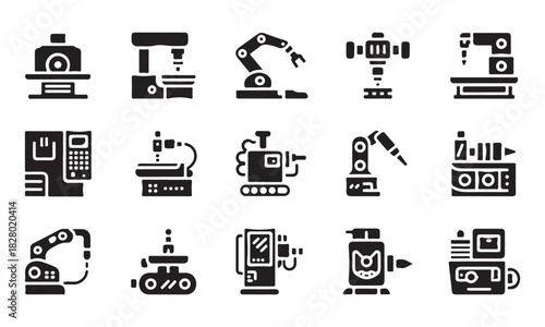 Black industrial automation machines convey production efficiency and innovation through their detailed solid glyph representations