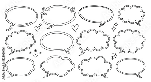 A lovely set of hand-drawn doodle-style speech bubbles in black outline decorated with cute hearts and sparkles for fun messages.