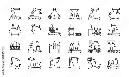 Collection of robotic assembly lines automating beverage manufacturing operations shows modern production and technology using line art