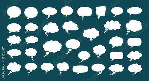 A large and versatile collection of white silhouette speech and thought bubbles in various shapes against a dark teal background.