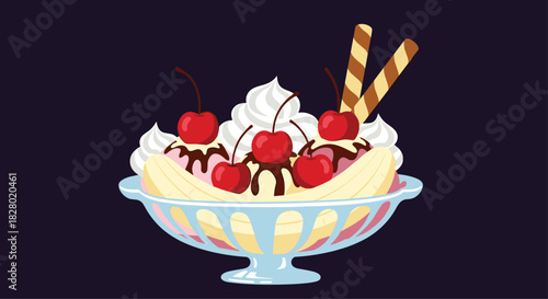 A classic and decadent banana split sundae dessert in a glass dish with ice cream whipped cream chocolate sauce and cherries.