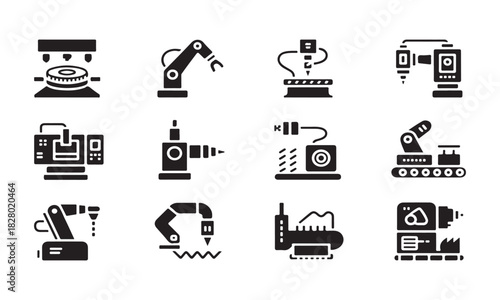 Isolated black glyph icons display diverse industrial robotic arms and automated manufacturing processes