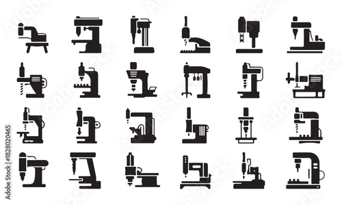 Many kinds of black industrial drill presses are shown as silhouettes on white