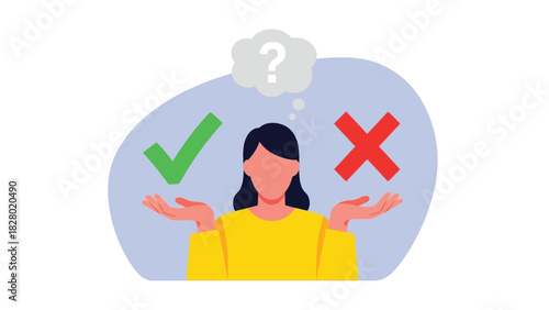 Woman Choosing Between Right and Wrong Options. Decision Making Dilemma Concept with Green Checkmark and Red Cross Symbols